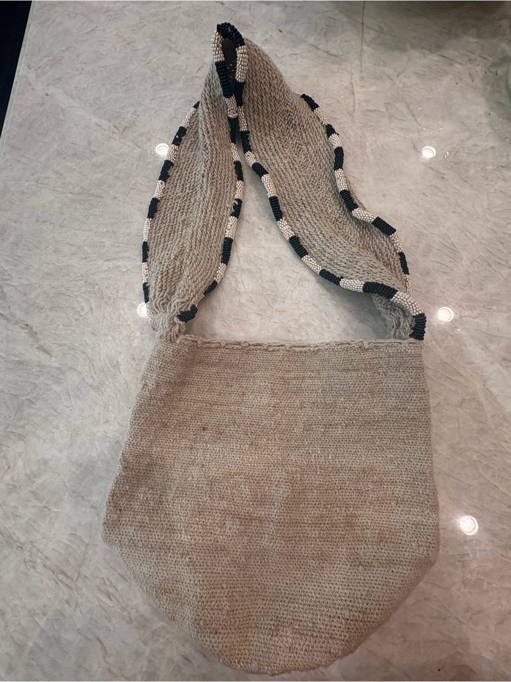 Handwoven Beige Shoulder Bag with Beaded Strap